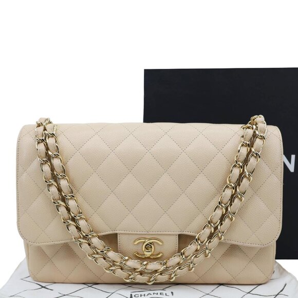 Chanel  Jumbo Classic Double Flap Caviar Leather Shoulder Bag Beige - Picture 3 of 16